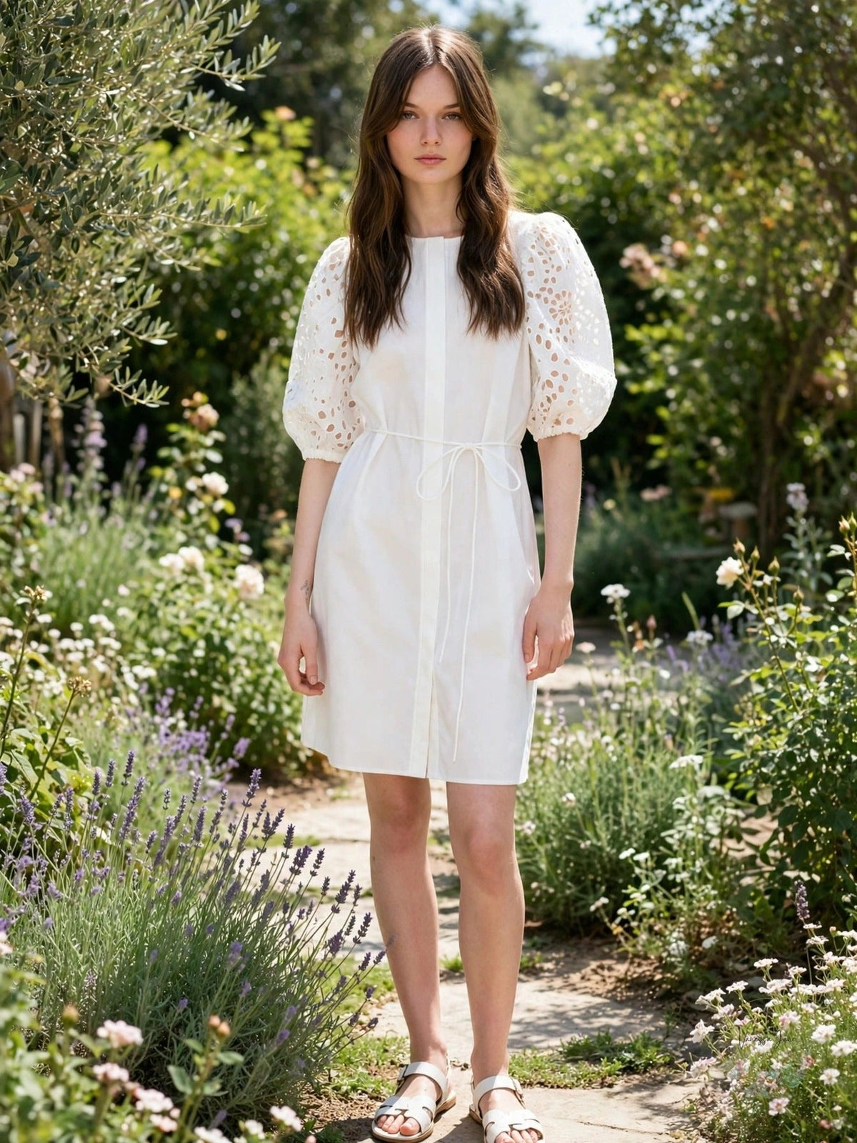 H&M Dress with Eyelet-Embroidered Sleeves, Medium