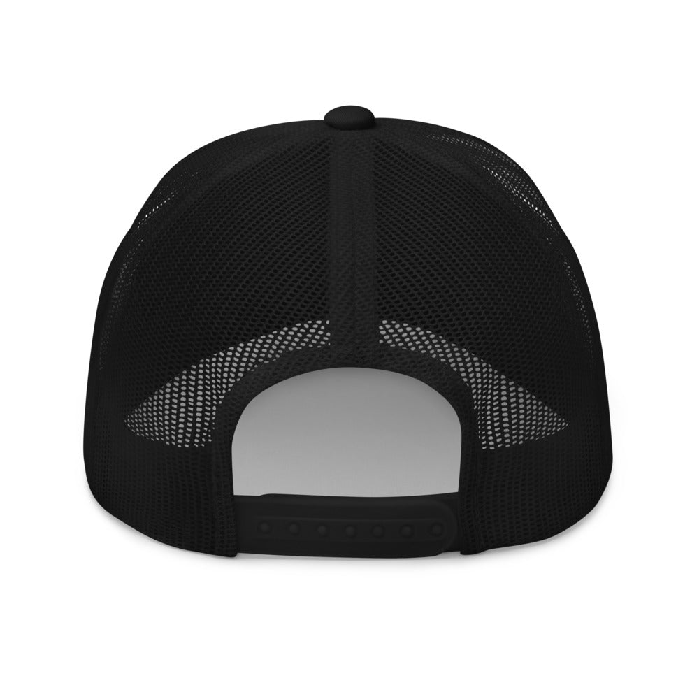 Four Box Logo Trucker Hat — Mesh-Back Snapback Cap (Blue Logo)