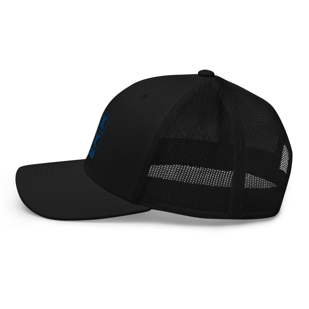Four Box Logo Trucker Hat — Mesh-Back Snapback Cap (Blue Logo)