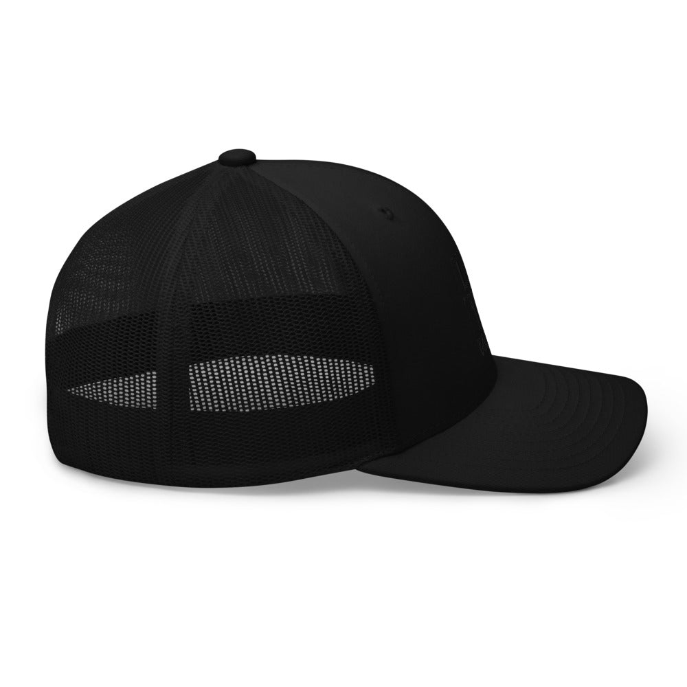 Four Box Logo Trucker Hat — Mesh-Back Snapback Cap (Black Logo)