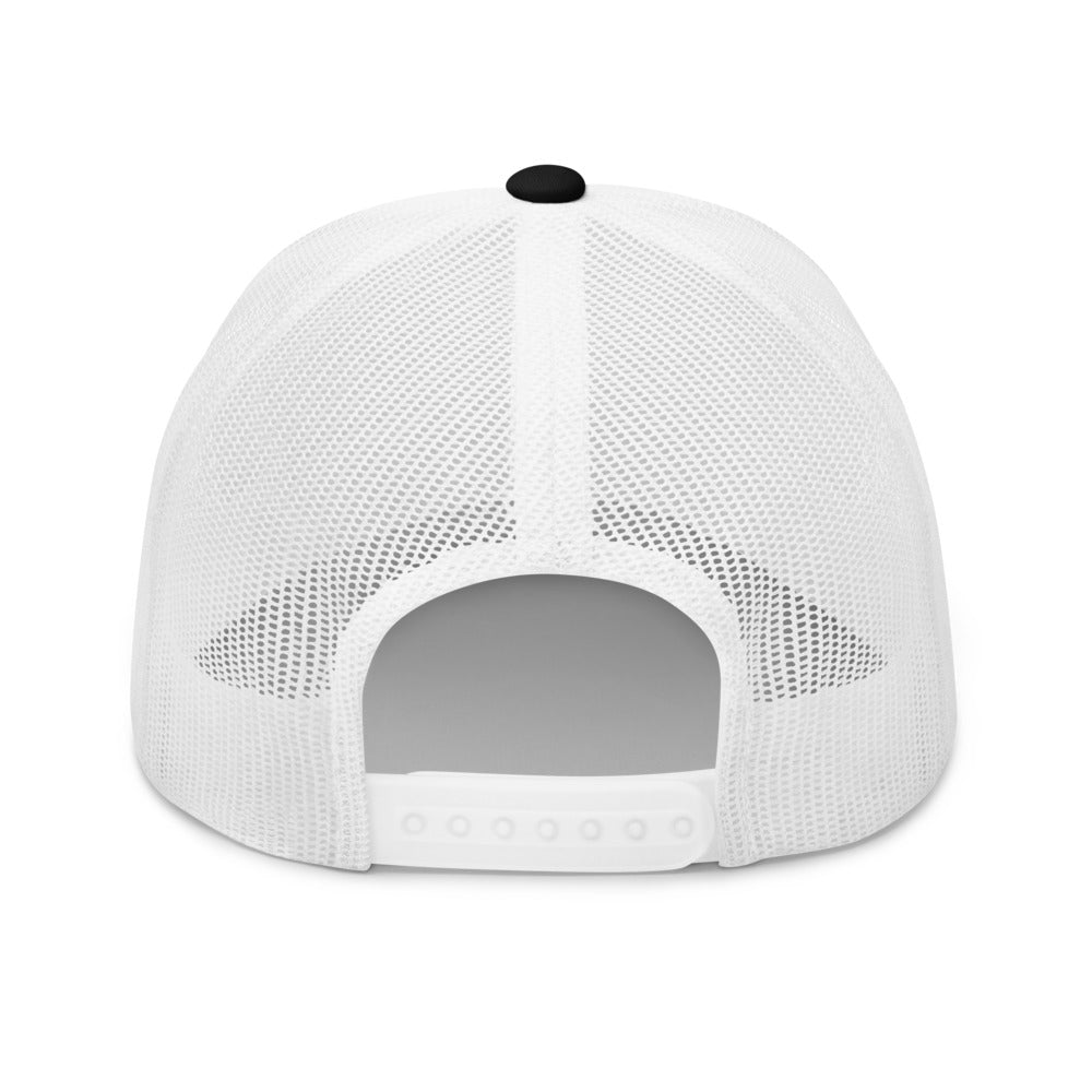 Four Box Logo Trucker Hat — Mesh-Back Snapback Cap (Blue Logo)