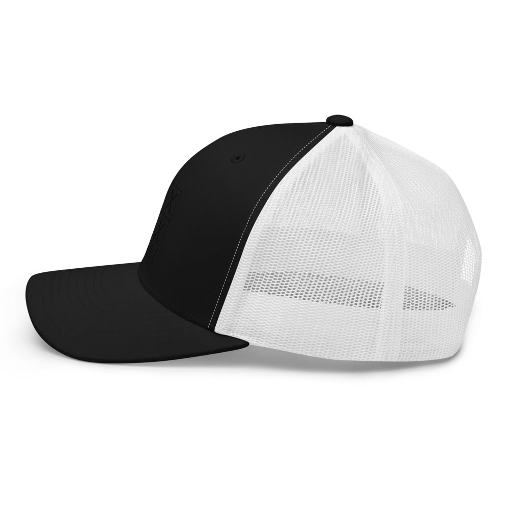 Four Box Logo Trucker Hat — Mesh-Back Snapback Cap (Black Logo)