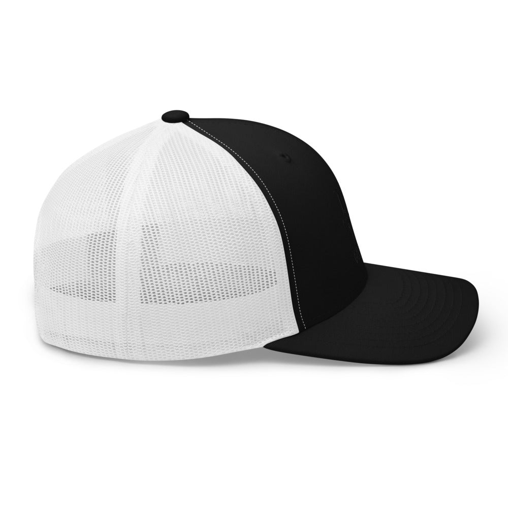 Four Box Logo Trucker Hat — Mesh-Back Snapback Cap (Black Logo)