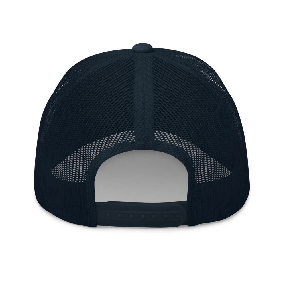 Four Box Logo Trucker Hat — Mesh-Back Snapback Cap (Blue Logo)