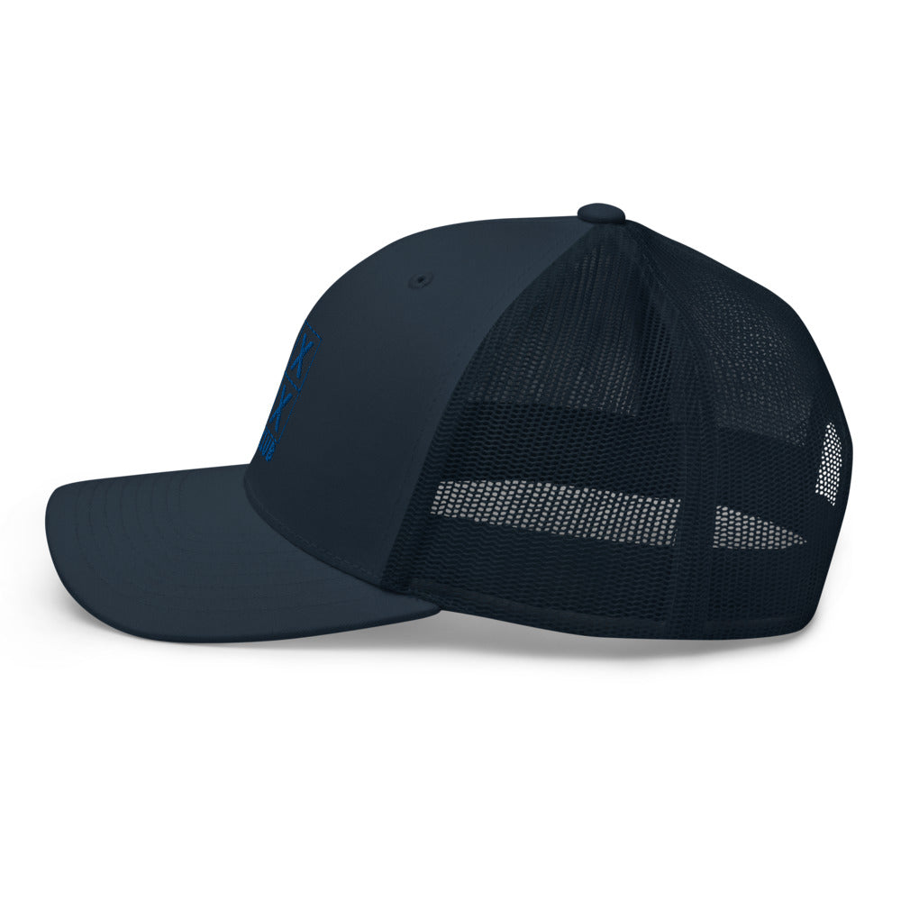 Four Box Logo Trucker Hat — Mesh-Back Snapback Cap (Blue Logo)