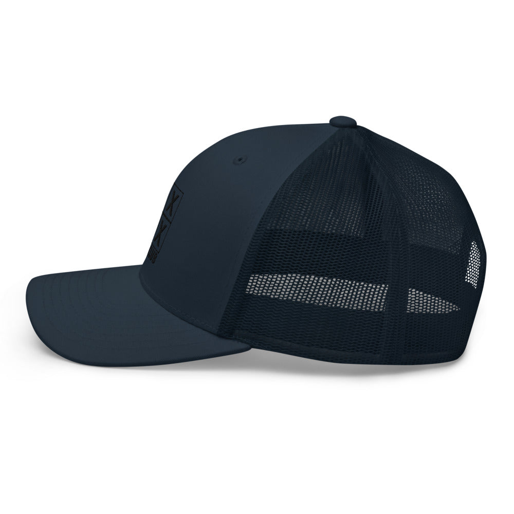Four Box Logo Trucker Hat — Mesh-Back Snapback Cap (Black Logo)