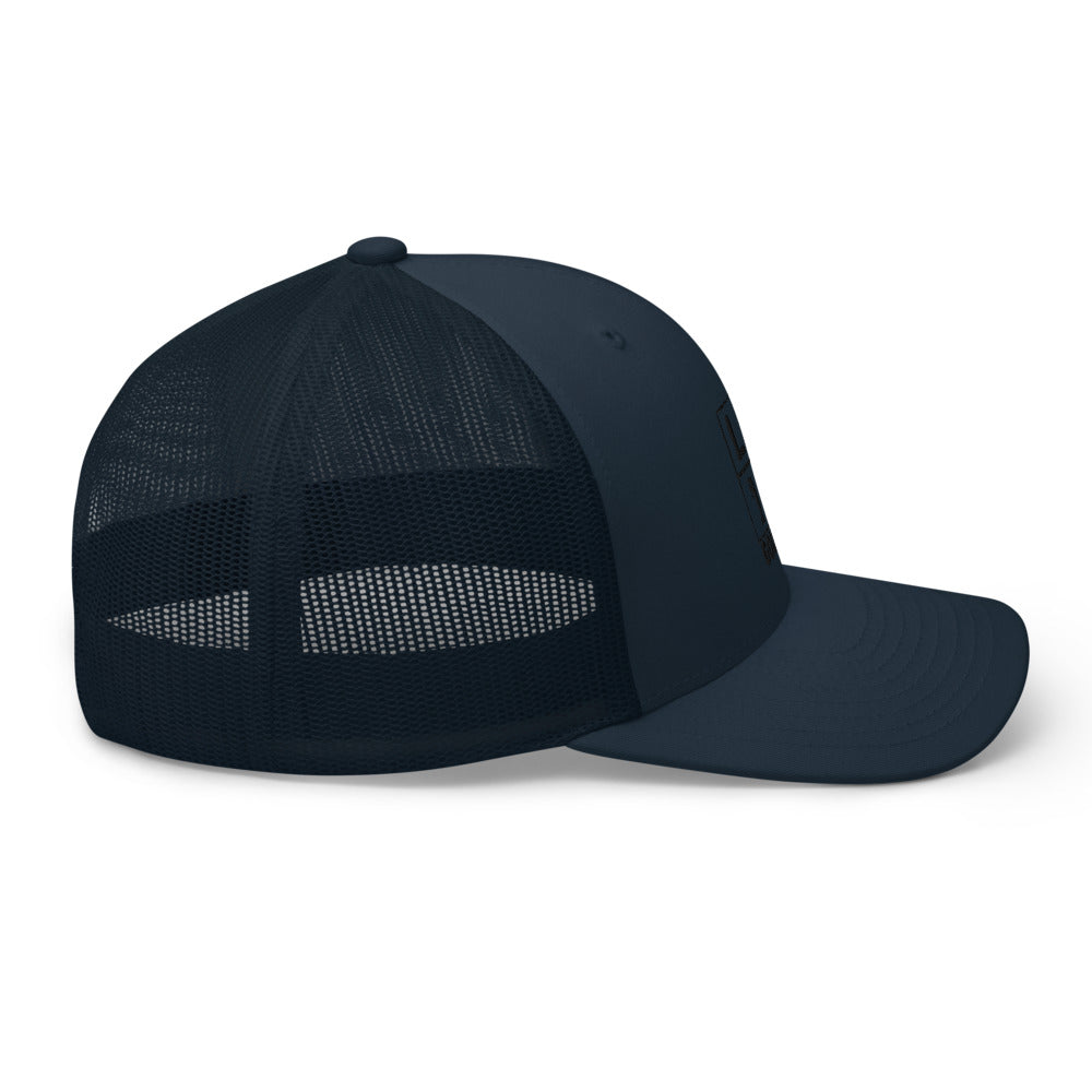 Four Box Logo Trucker Hat — Mesh-Back Snapback Cap (Black Logo)