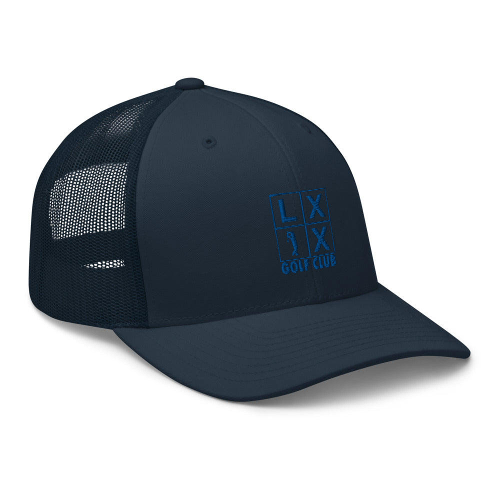 Four Box Logo Trucker Hat — Mesh-Back Snapback Cap (Blue Logo)