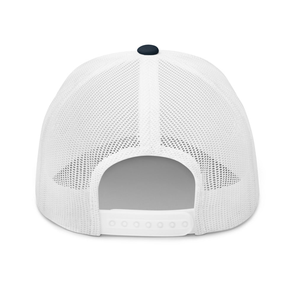Four Box Logo Trucker Hat — Mesh-Back Snapback Cap (Blue Logo)
