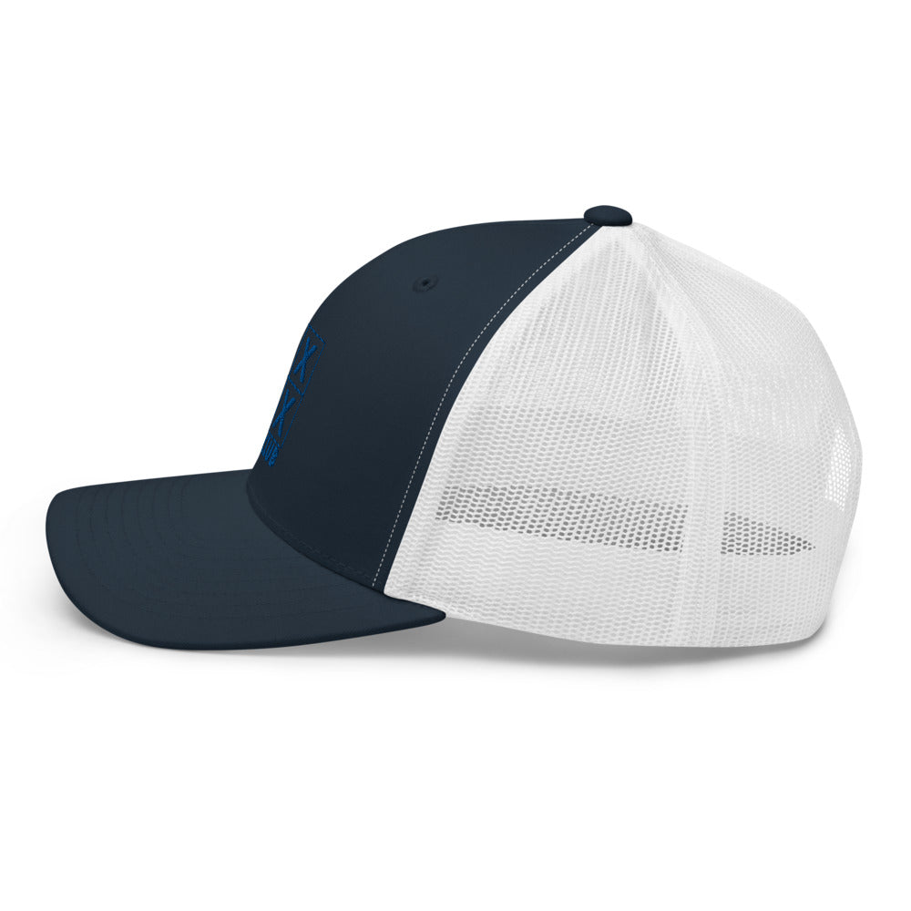 Four Box Logo Trucker Hat — Mesh-Back Snapback Cap (Blue Logo)