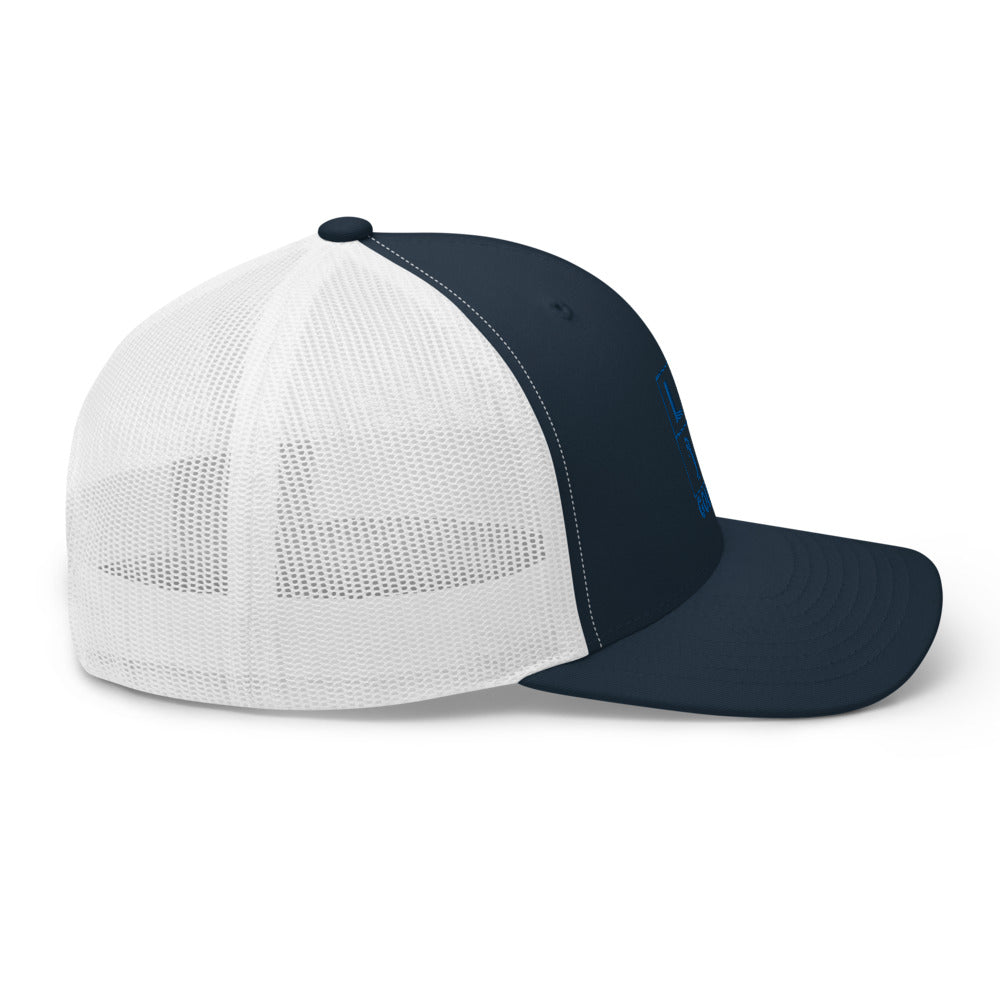 Four Box Logo Trucker Hat — Mesh-Back Snapback Cap (Blue Logo)