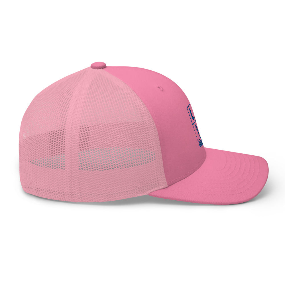 Four Box Logo Trucker Hat — Mesh-Back Snapback Cap (Blue Logo)