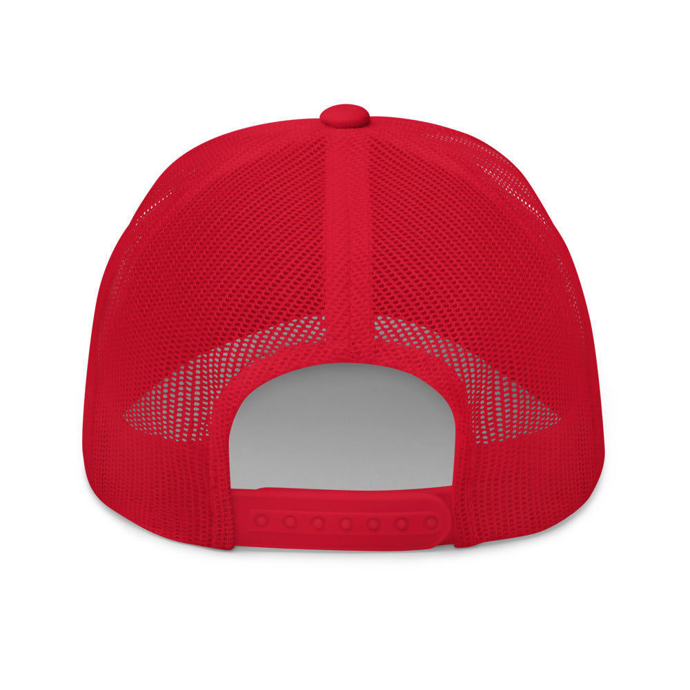 Four Box Logo Trucker Hat — Mesh-Back Snapback Cap (Blue Logo)