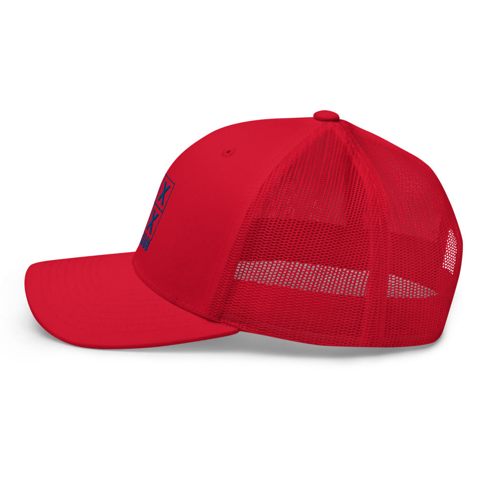 Four Box Logo Trucker Hat — Mesh-Back Snapback Cap (Blue Logo)