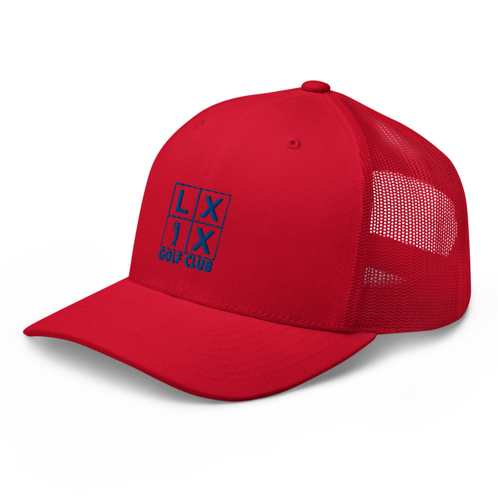 Four Box Logo Trucker Hat — Mesh-Back Snapback Cap (Blue Logo)
