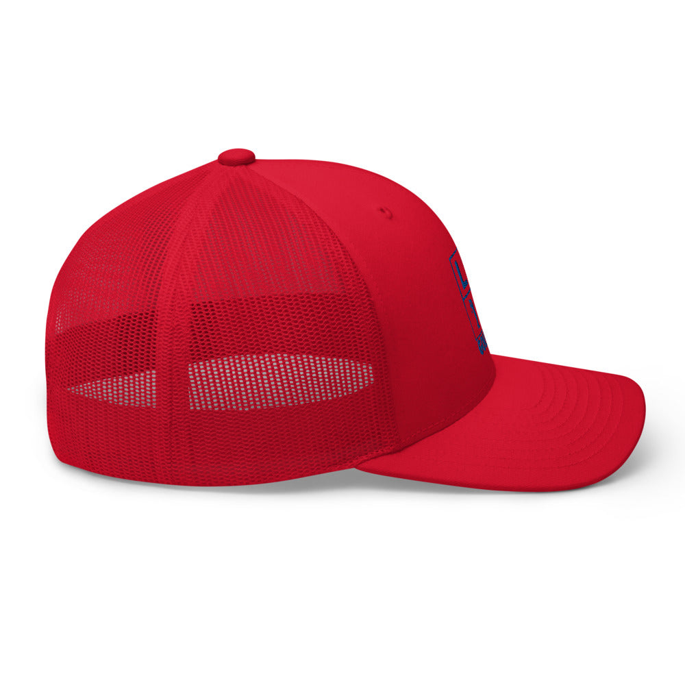 Four Box Logo Trucker Hat — Mesh-Back Snapback Cap (Blue Logo)