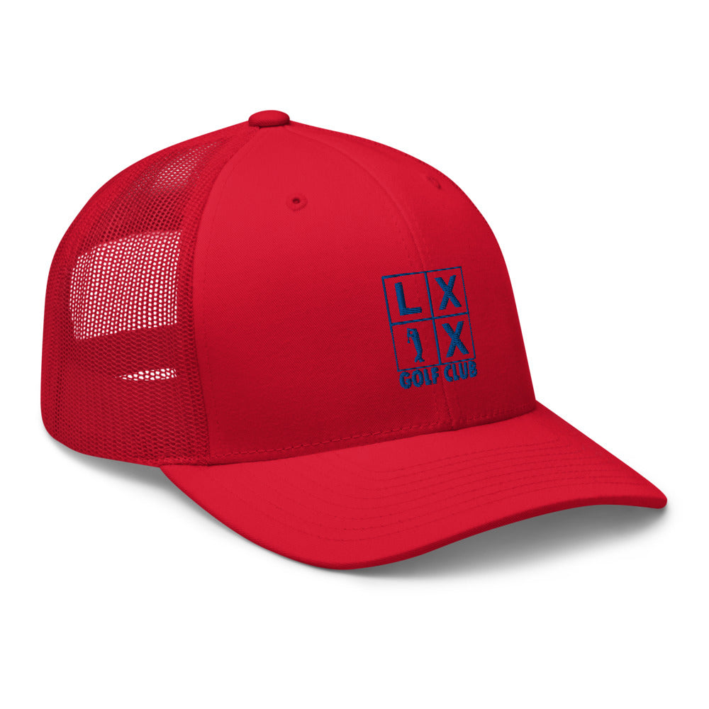 Four Box Logo Trucker Hat — Mesh-Back Snapback Cap (Blue Logo)